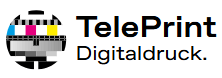 TelePrint Digitaldruck Logo mit CMYK-Farbsymbol und professioneller schwarzer Typografie auf weißem Hintergrund.